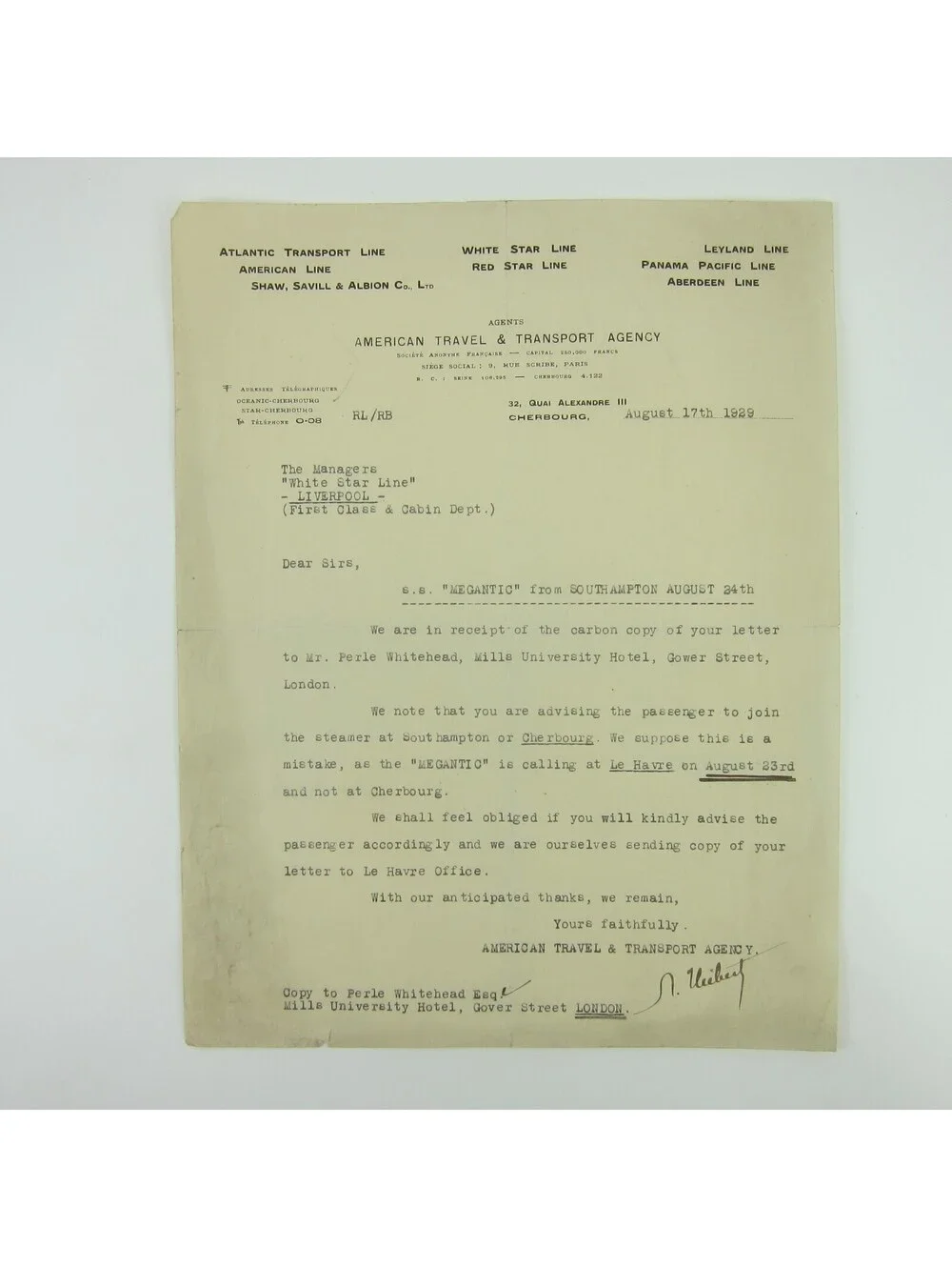 1929 Letterhead American Travel & Transport White Star Lines Perle Whitehead